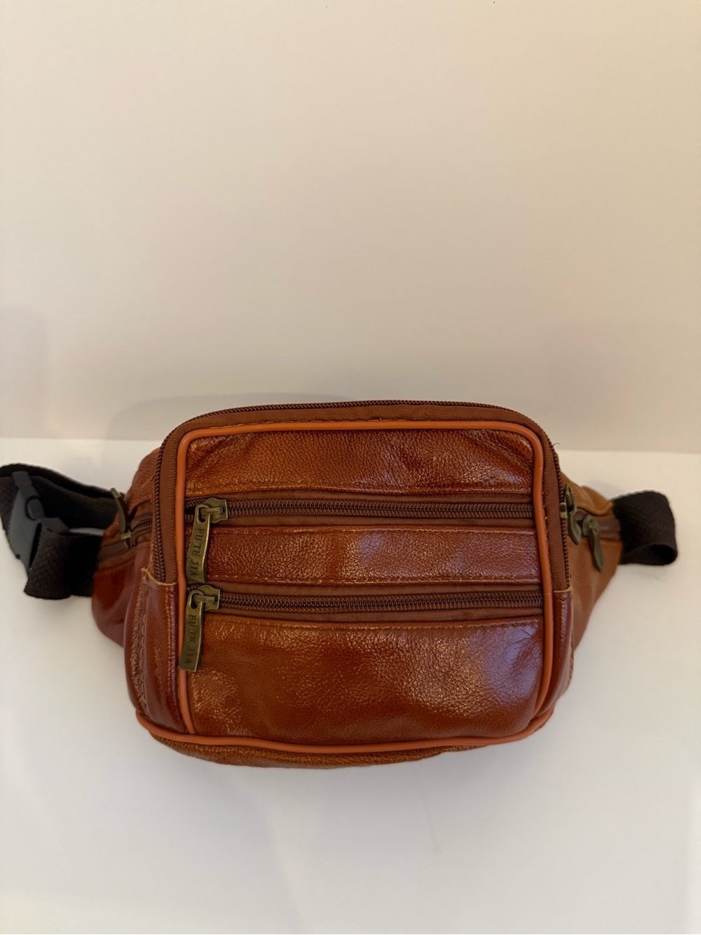 Vintage FUTE JIA Brown Leather Fanny Pack Waist Bag Multi Pocket Retro
